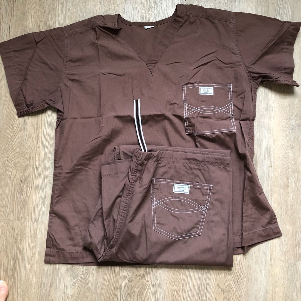 Blue Sky scrubs set. Brown size L top and bottom.
